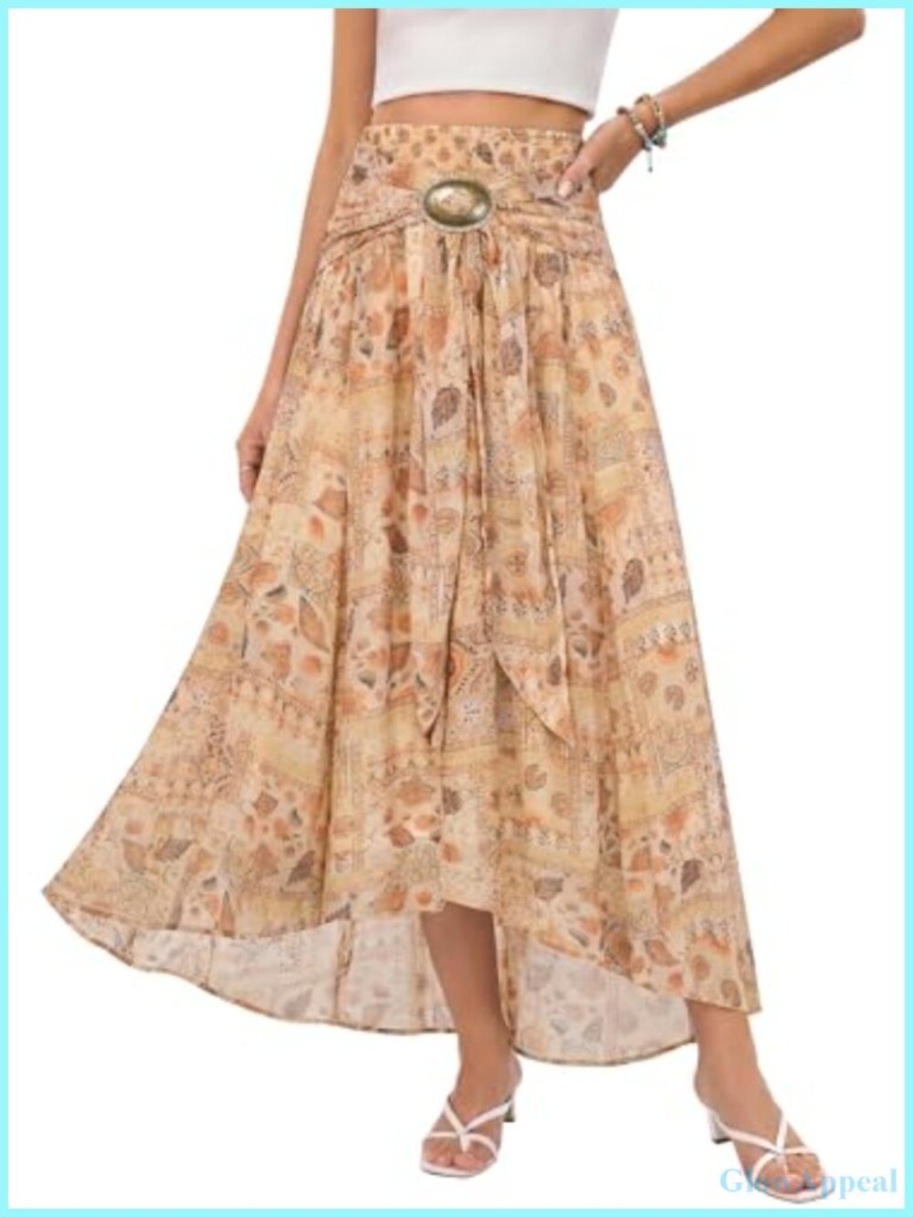 Flowy Western Maxi Skirt High Low Hem Stretchy Waistband Boho